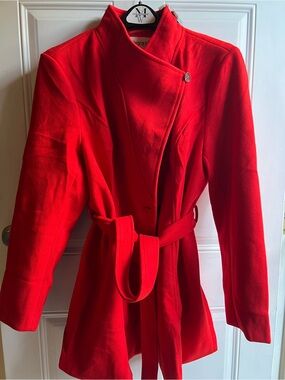 Allegra K Red Belted Wool Trench Coat with Stand Collar